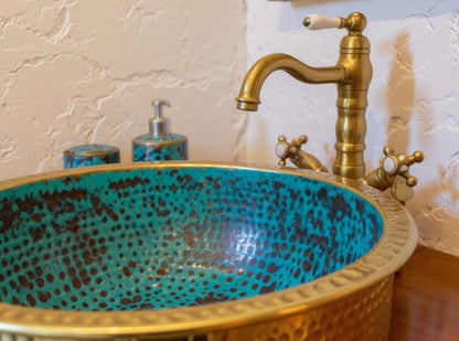 Turquoise Hammered Brass Vessel Sink with Gold Exterior