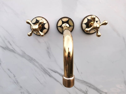 Moroccan Mosaic Brass Wall Mount Faucet with Curved Spout