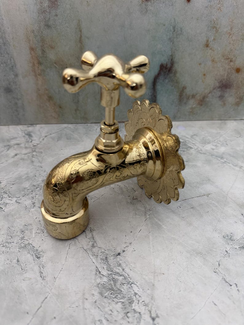 Hand-Engraved Polished Brass Wall Mount Faucet