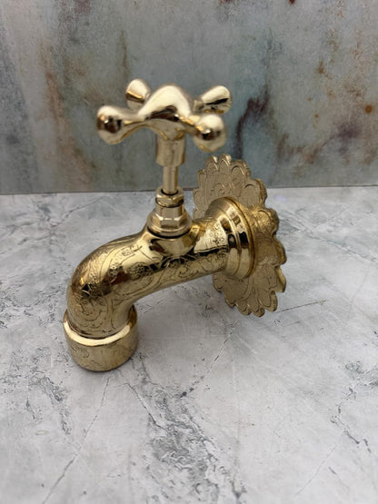 Hand-Engraved Polished Brass Wall Mount Faucet
