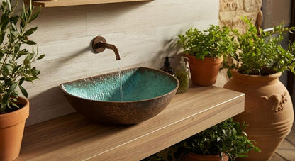 Hand-Hammered Moroccan Copper Vessel Sink with Turquoise Verdigris Interior