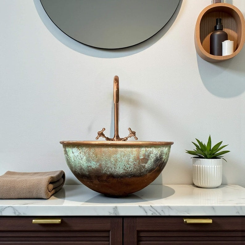 Handcrafted Oxidized Copper Vessel Sink with Patina Finish