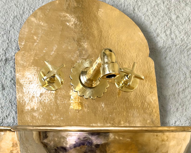 Hand-Hammered Brass Wall Fountain Sink with Cross Handles | Moroccan Style