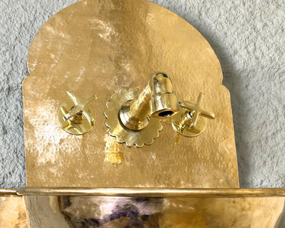 Hand-Hammered Brass Wall Fountain Sink with Cross Handles | Moroccan Style