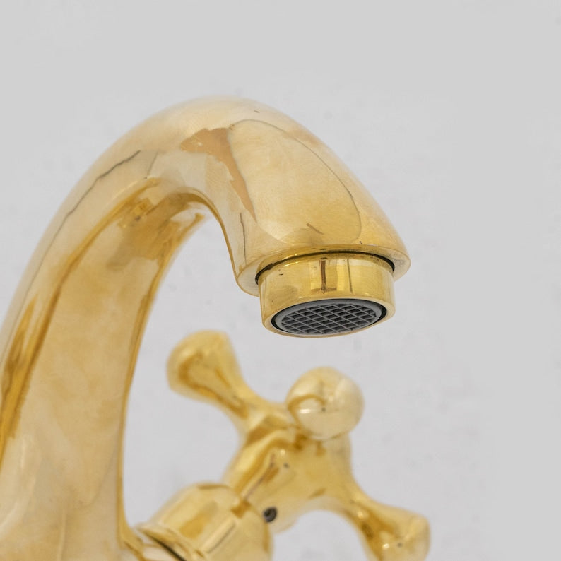 Polished Solid Brass Bathroom Faucet with Cross Handles