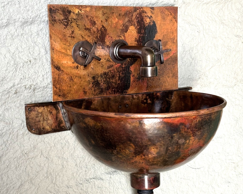 Hand-Hammered Moroccan Copper Wall-Mount Sink with Distressed