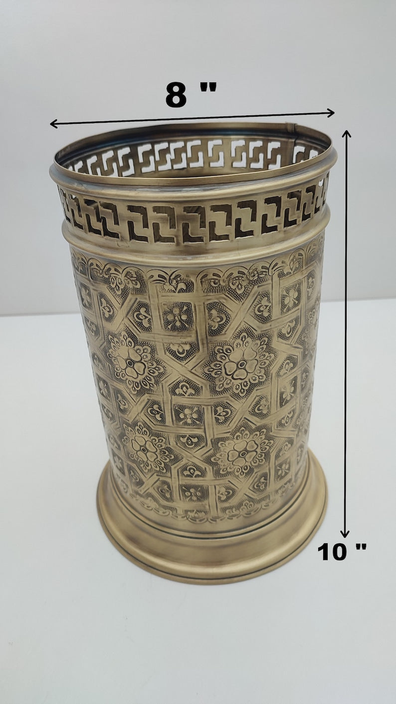 Handmade Solid Brass Wastebasket – Engraved Moroccan Bathroom Trash Can