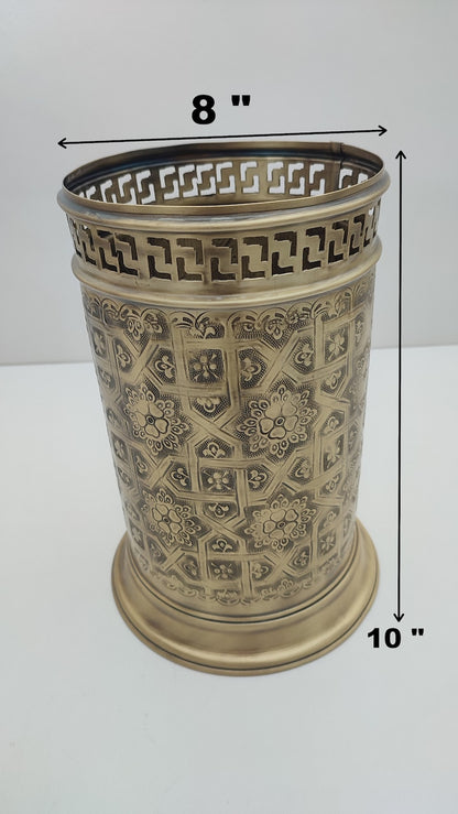 Handmade Solid Brass Wastebasket – Engraved Moroccan Bathroom Trash Can
