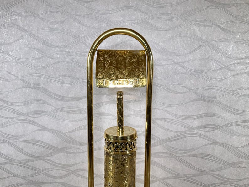 Handmade Solid Brass Toilet Paper Holder with Stand – Moroccan Engraved Freestanding Bathroom Accessory