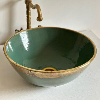 Green Patina Copper Vessel Sink with Brass Rim