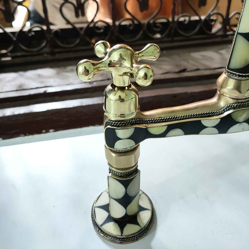 Mother of Pearl Inlay Brass Bridge Kitchen Faucet
