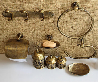 Handmade Solid Brass Bathroom Accessories Set – Moroccan Engraved Luxury Hardware Collection