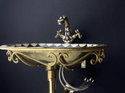 Luxury White Ceramic Vessel Sink with Floating Unlacquered Brass Console