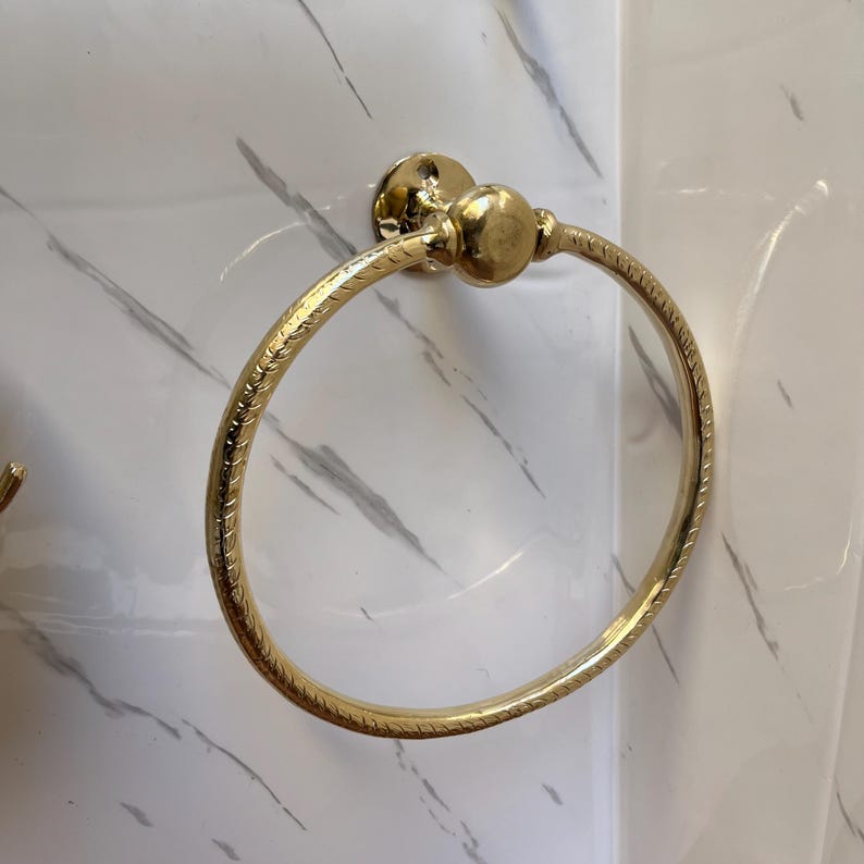 Handmade Solid Brass Bathroom Accessories Set – Engraved Moroccan Towel Bar, Ring & Soap Dish