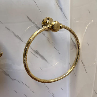 Handmade Solid Brass Bathroom Accessories Set – Engraved Moroccan Towel Bar, Ring & Soap Dish