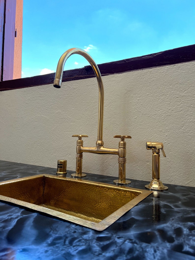 Unlacquered Brass Bridge Kitchen Faucet with Side Sprayer