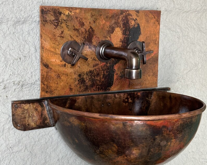 Hand-Hammered Moroccan Copper Wall-Mount Sink with Distressed