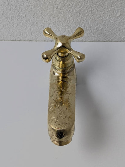 Vintage Engraved Brass Bibcock Faucet with Cross Handle