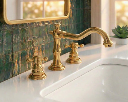Widespread Unlacquered Brass Bathroom Faucet with Classic Cross Handles