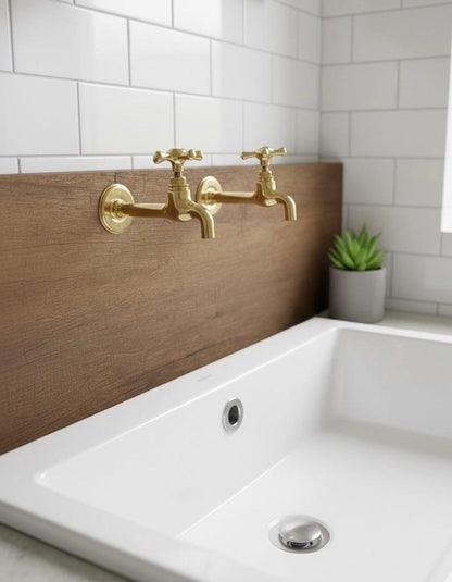 Unlacquered Brass Wall Mount Bathroom Faucet with Cross Handles
