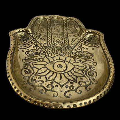Handmade Brass Hamsa Hand Tray – Engraved Evil Eye Decorative Catchall Dish
