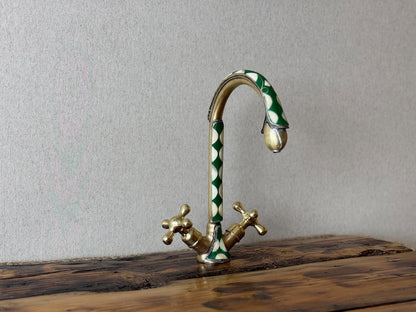 Green Inlay Brass Gooseneck Faucet with Cross Handles