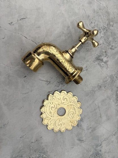 Hand-Engraved Polished Brass Wall Mount Faucet
