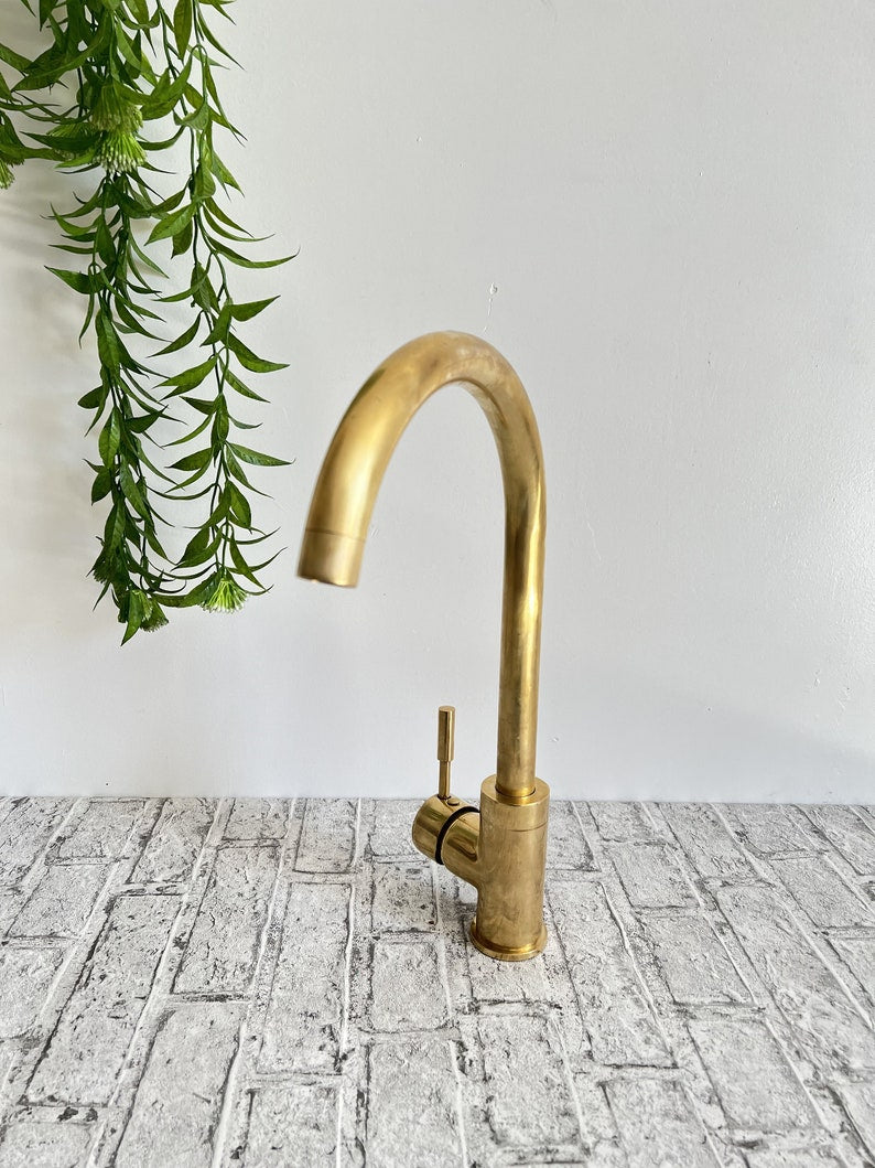 Antique Brass Gooseneck Kitchen Faucet with Slim Lever Handle