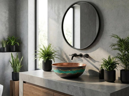 Hammered Copper Vessel Sink with Green Patina Accent