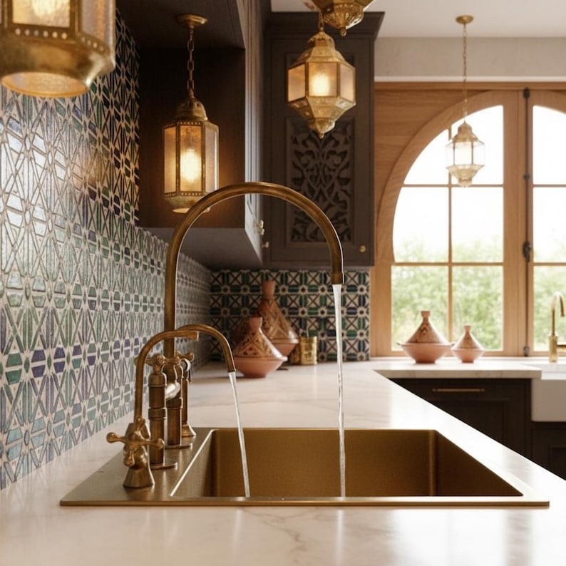 Moroccan-Style Unlacquered Brass Bridge Kitchen Faucet