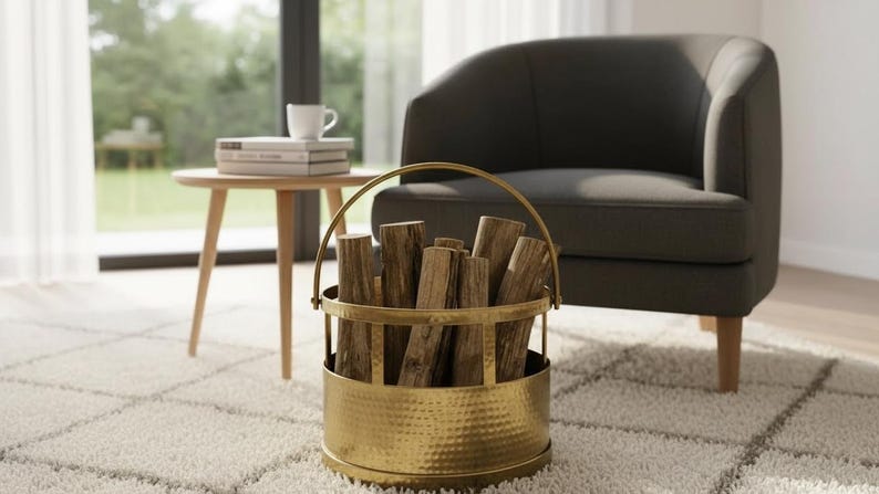 Handmade Solid Brass Firewood Log Holder – Hammered Brass Fireplace Wood Basket