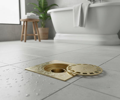 Engraved Solid Brass Square Floor Drain Cover – Ornate Moroccan Shower Drain Grate