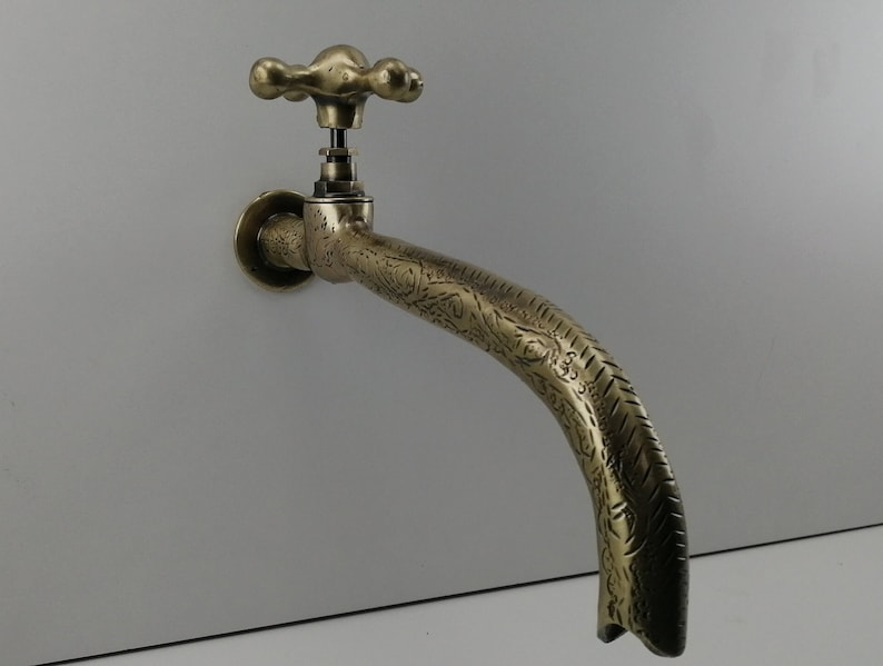 Engraved Antique Brass Wall Faucet