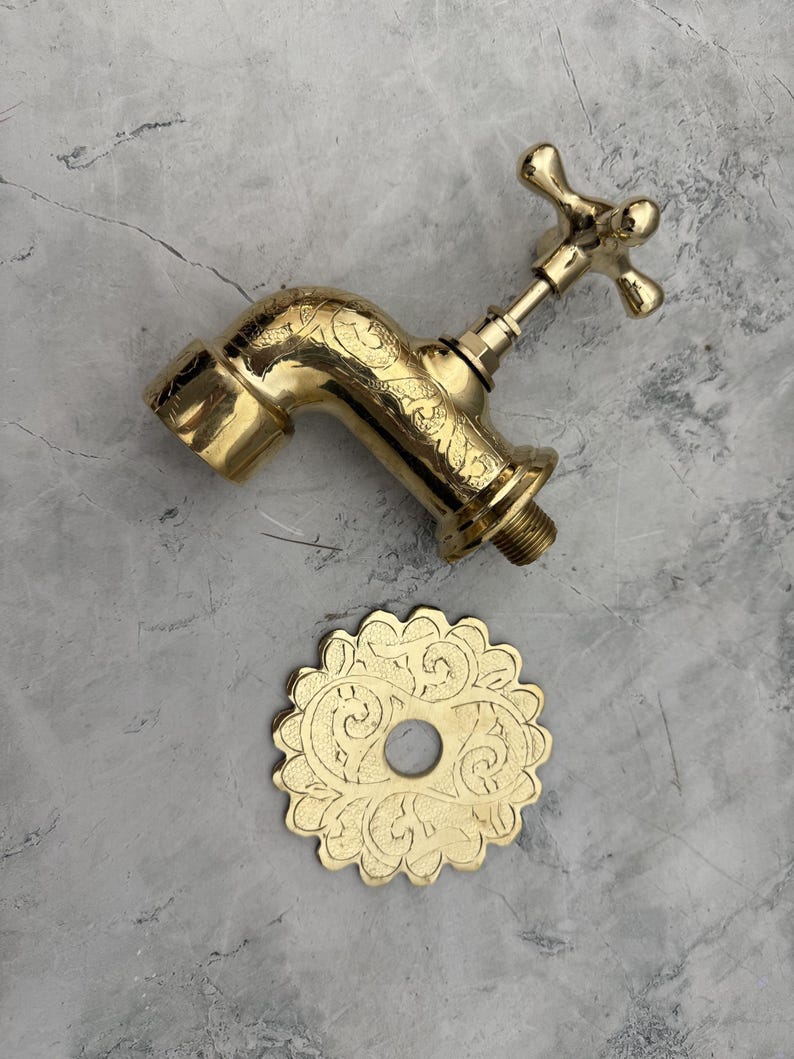Hand-Engraved Polished Brass Wall Mount Faucet