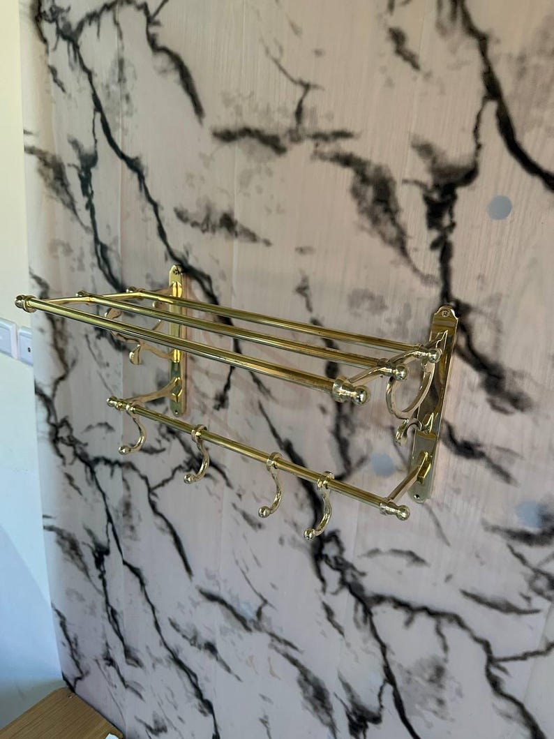 Handmade Solid Brass Wall Shelf with Hooks – Vintage Moroccan Bathroom & Entryway Rack