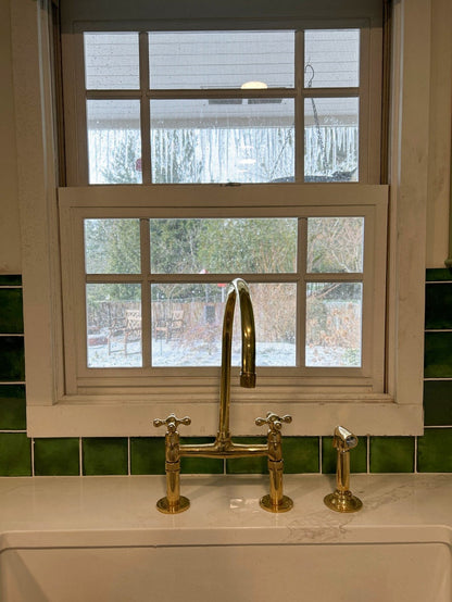 Unlacquered Brass Bridge Kitchen Faucet with Side Sprayer