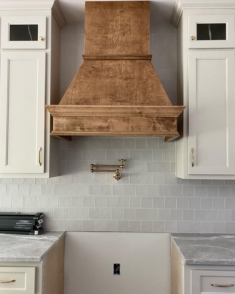 Rustic Wooden Range Hood with Brass Pot Filler