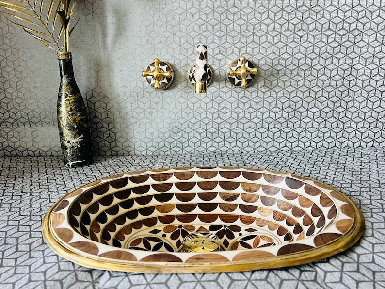 Moroccan Inlay Vessel Sink with Matching Mosaic Wall Mount Faucet