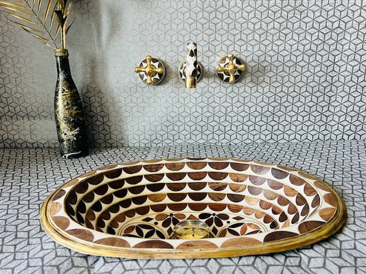 Moroccan Inlay Vessel Sink with Matching Mosaic Wall Mount Faucet