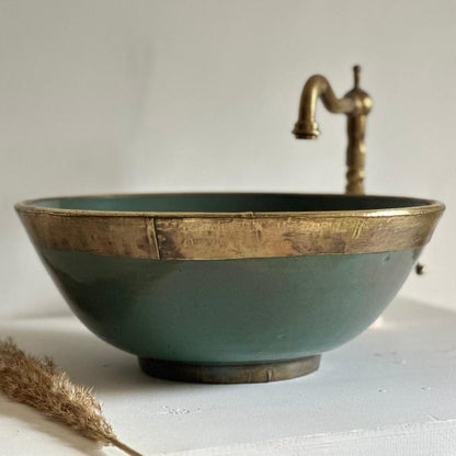 Green Patina Copper Vessel Sink with Brass Rim