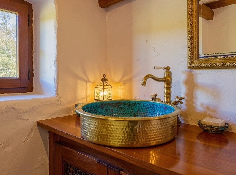 Turquoise Hammered Brass Vessel Sink with Gold Exterior