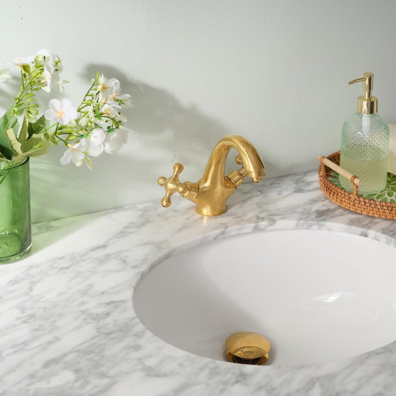Polished Brass Bridge Bathroom Faucet with Cross Handles