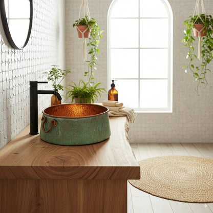Green Patina Copper Vessel Sink with Decorative Handles