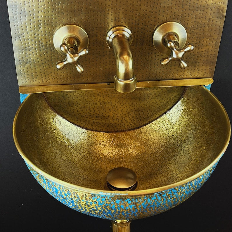 Hand-Hammered Moroccan Brass Sink with Verdigris Patina