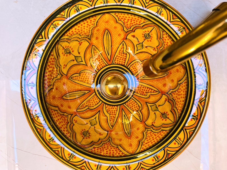 Hand-Painted Moroccan Ceramic Vessel Sink – Yellow Artisan Basin