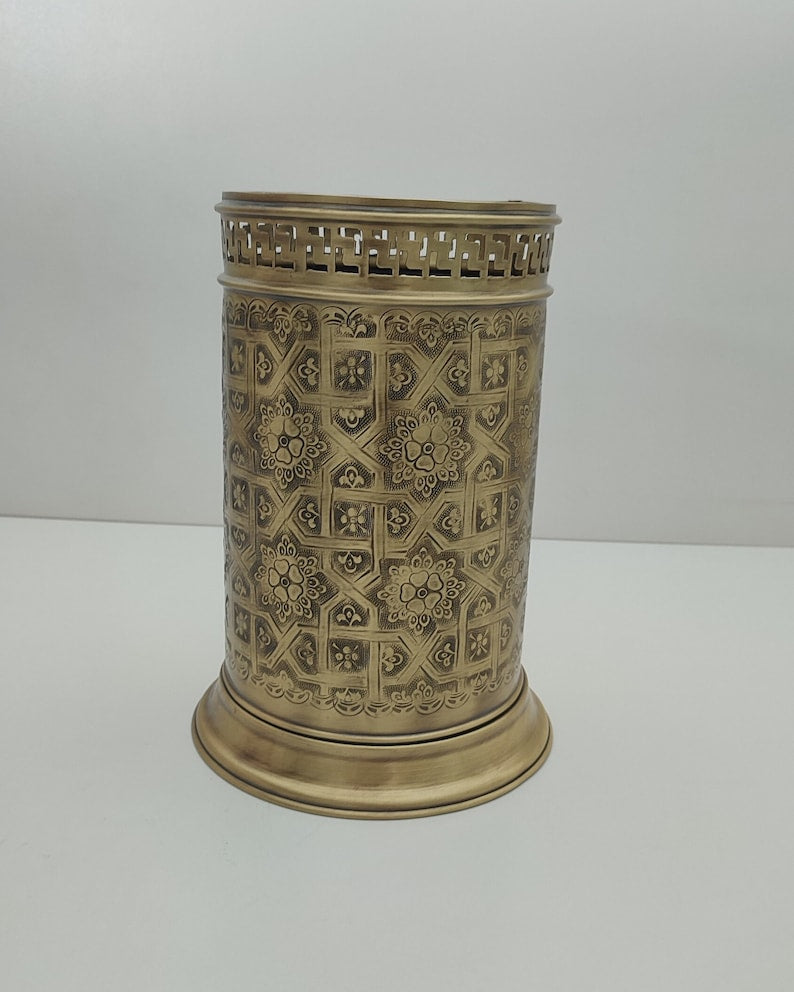 Handmade Solid Brass Wastebasket – Engraved Moroccan Bathroom Trash Can