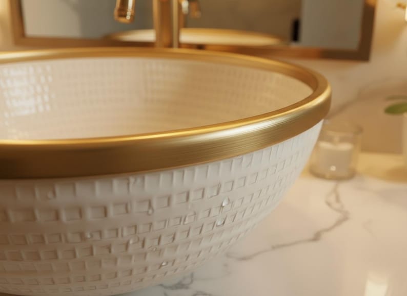 Handcrafted Textured Vessel Sink with Brass Rim