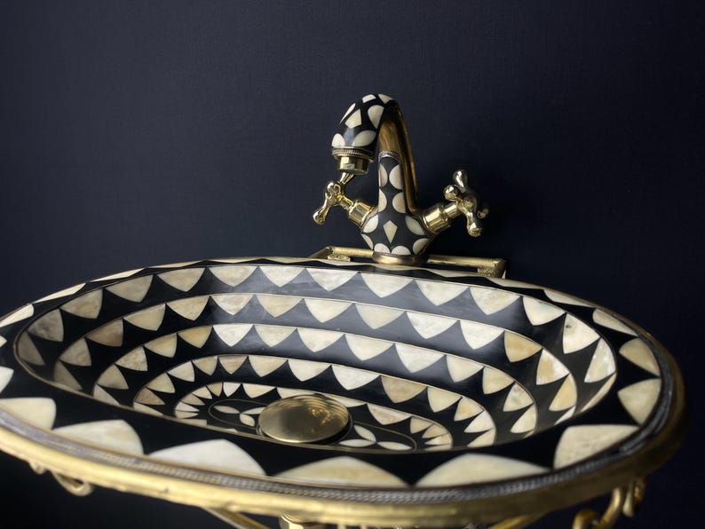Luxury White Ceramic Vessel Sink with Floating Unlacquered Brass Console