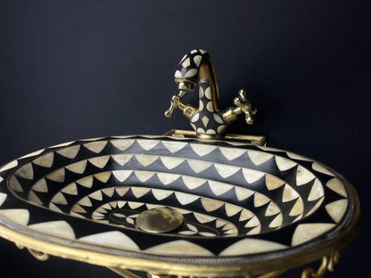 Luxury White Ceramic Vessel Sink with Floating Unlacquered Brass Console