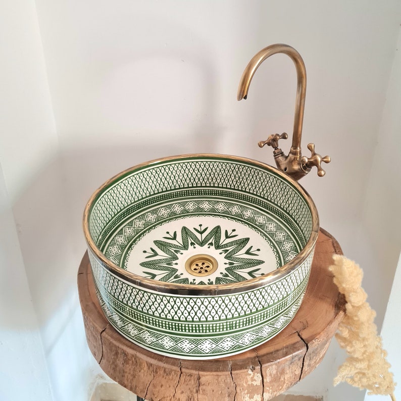 Hand-Painted Moroccan Ceramic Vessel Sink with Brass Rim